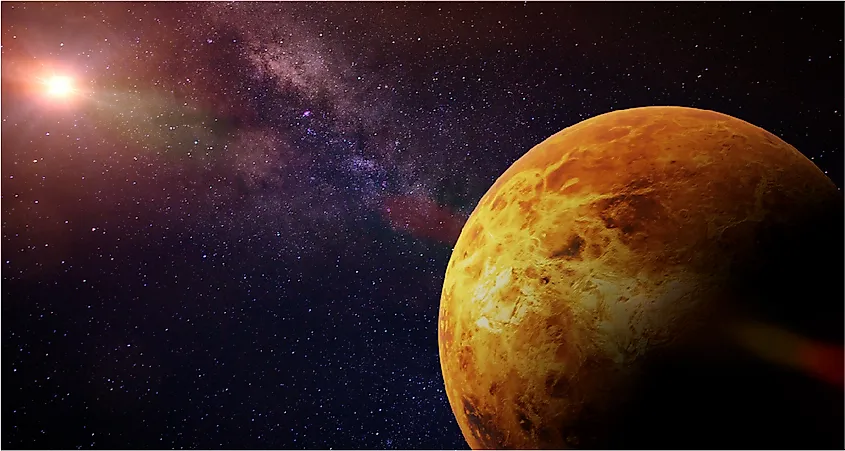 Venus, the second planet from the Sun, with the Sun illuminating the background