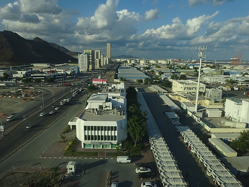 View of Fujairah City looking north toward the port, Fujairah, UAE.