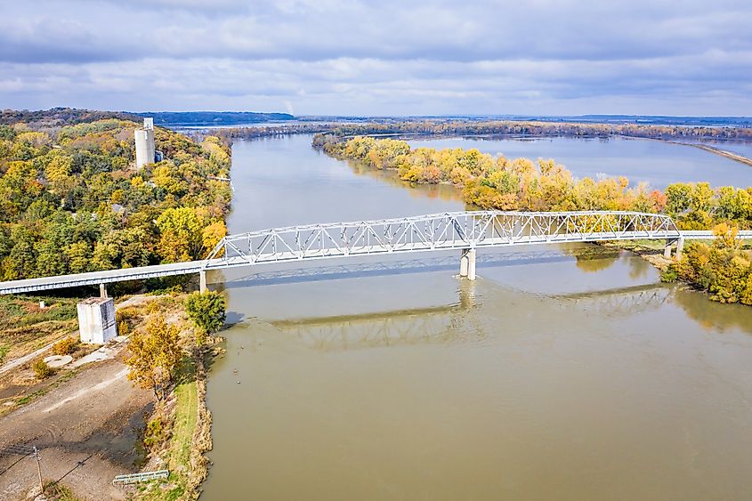 An aerial view of the Brownville Bridge spanning the Missouri River on U.S. Route 136, connecting Nemaha County, Nebraska