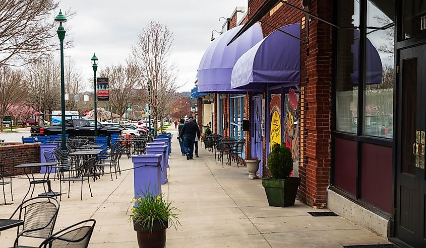 Main Street in Hendersonville on an early spring day, with stores and eateries open for business.