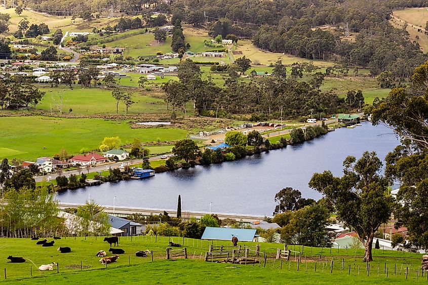 The Huon River flowing through Huonville, Tasmania