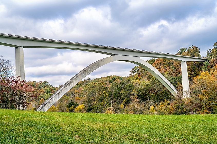 Double Arch Bridge on the Natchez Trace Parkway near Franklin, TN, showcasing fall foliage and scenic autumn colors.