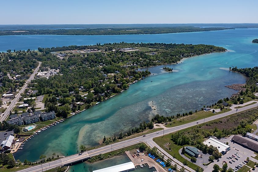 Aerial view of Elk Rapids in Michigan.