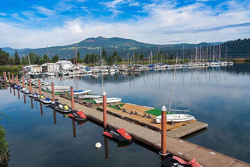 Boats along the Hood River Marina in Oregon.