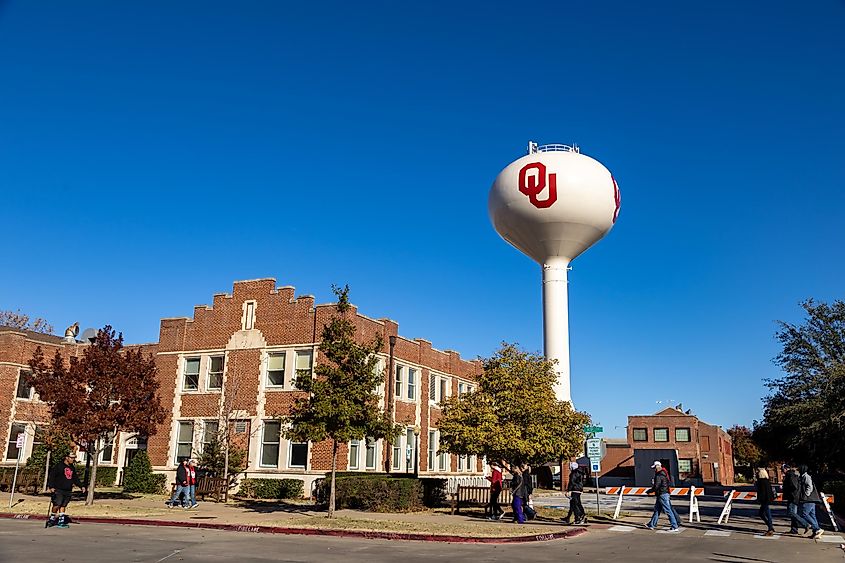 The water tower with the University of Oklahoma logo, via Chad Robertson Media / Shutterstock.com