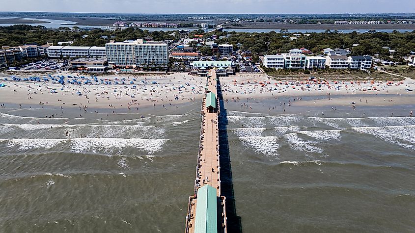 Drone photo of Folly Beach Pier.