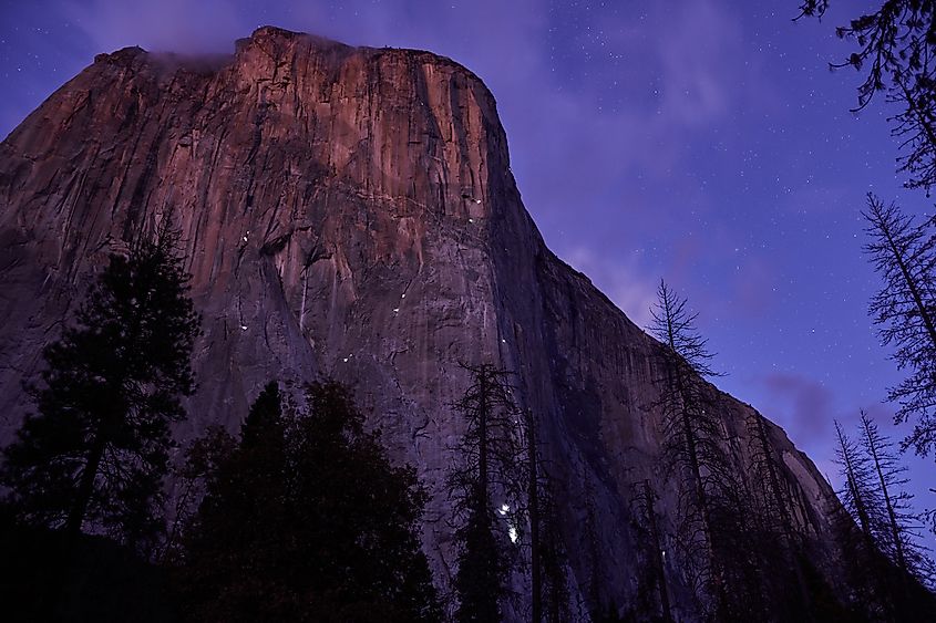 Lights of climbers on El Capitan in Yosemite National Park.