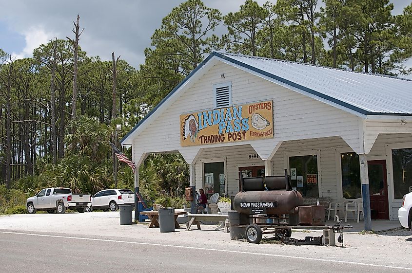 An exterior view of the Indian Pass Trading Post, famous for its oysters, near Apalachicola, Florida