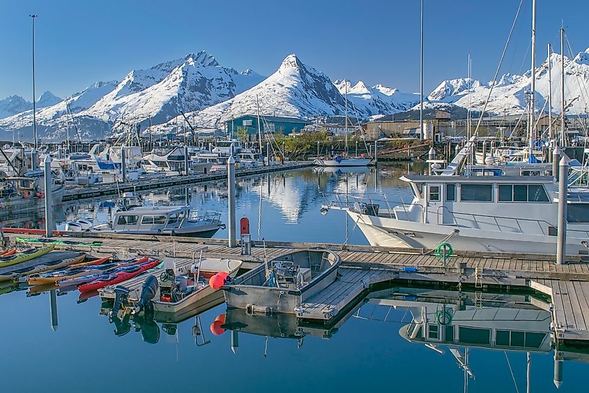 View of the Chugach Mountains and Valdez boat harbor in Valdez, Alaska.