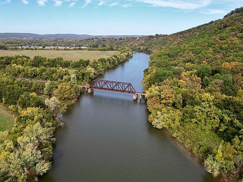 Aerial view of railroad bridge crossing Lee Creek in Van Buren, Arkansas