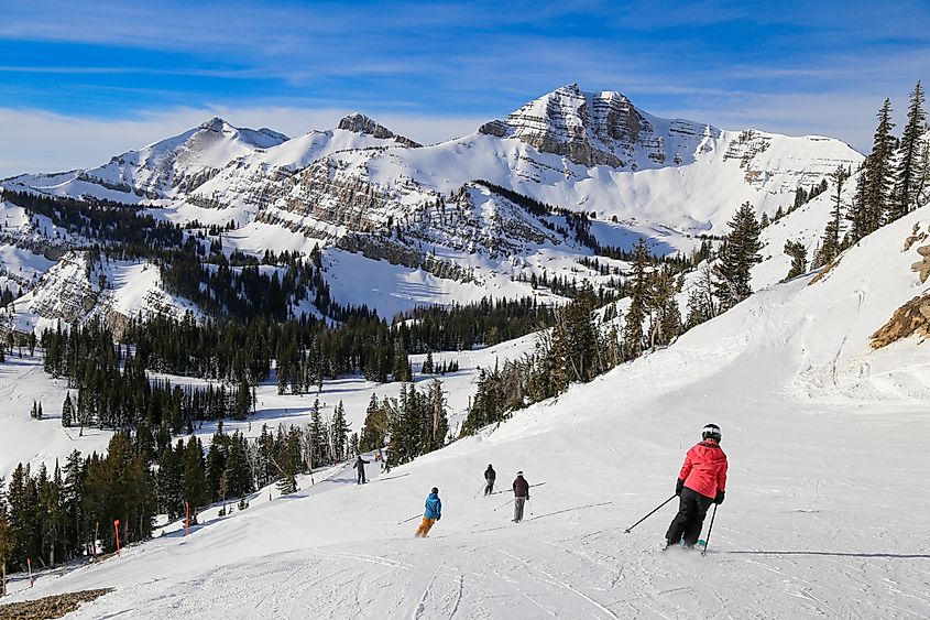 Downhill alpine skiing at Jackson Hole Mountain Resort in western Wyoming