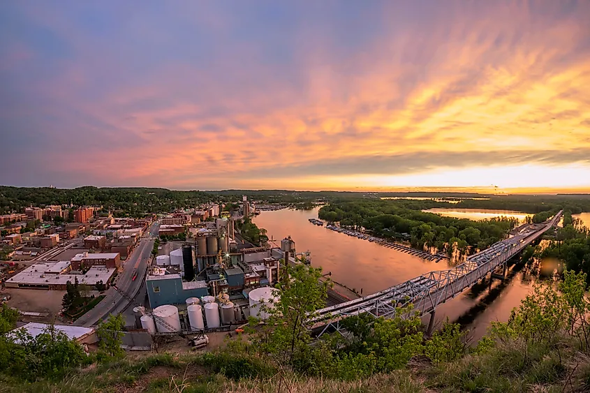 A Fisheye View of a Dramatic Spring Sunset over the Mississippi River and Rural Red Wing, Minnesota.