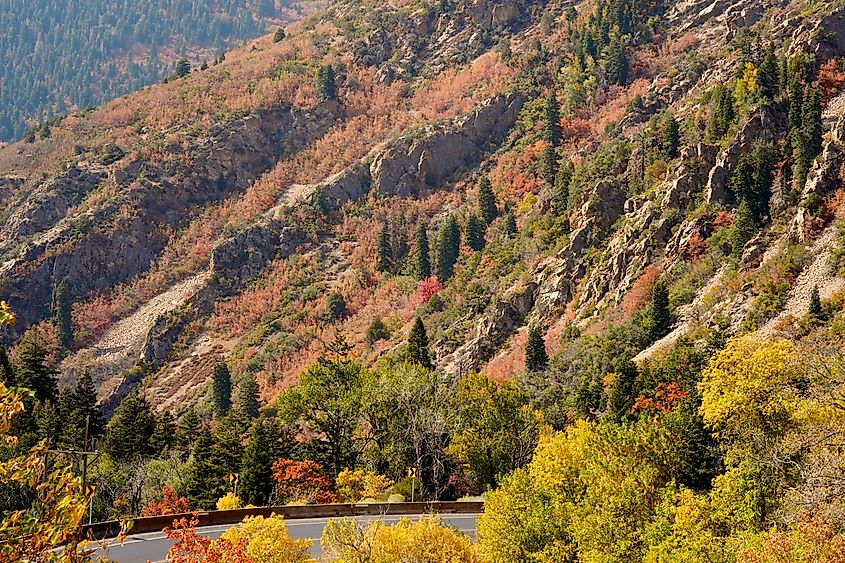 Midway, Utah, USA: The steep canyons and hills of the Wasatch Mountain Range offer visitors spectacular natural scenery and colorful displays of aspens and fall foliage.