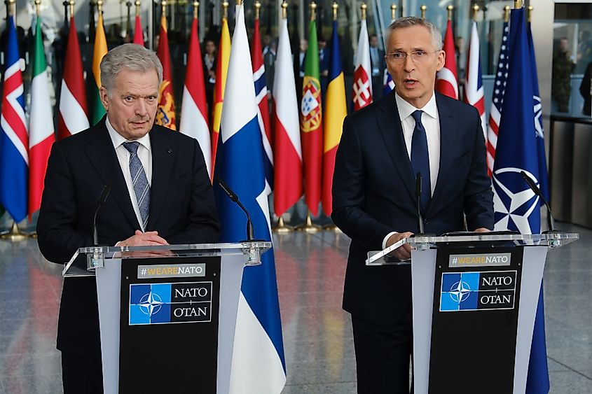 Finland's President Sauli Niinisto and NATO Secretary General Jens Stoltenberg  during a NATO foreign affairs ministers' meeting in Belgium