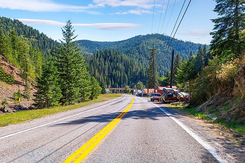 A rural highway leading to the historic town of Wallace, Idaho