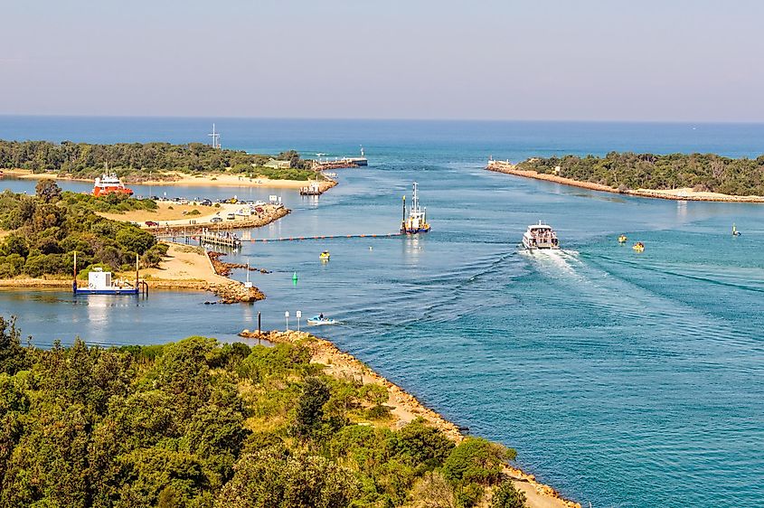 View of the Bullock and Rigby Islands and a man-made entrance into the Gippsland Lakes from the Lake Entrance