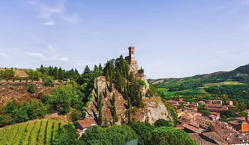 Brisighella historic clock tower on the cliff. 