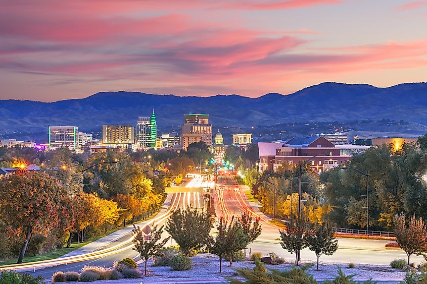 Twilight view of the cityscape of Boise in Idaho.