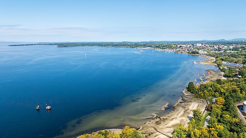 Aerial view of Burlington, Vermont, with Lake Champlain and marina.