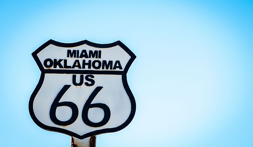 Black and white sign on US Route 66 in Miami, Oklahoma