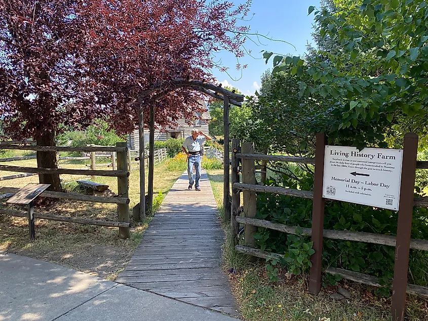 An elderly man emerges from a sunny and floral homestead, signed as a "Living History Farm."