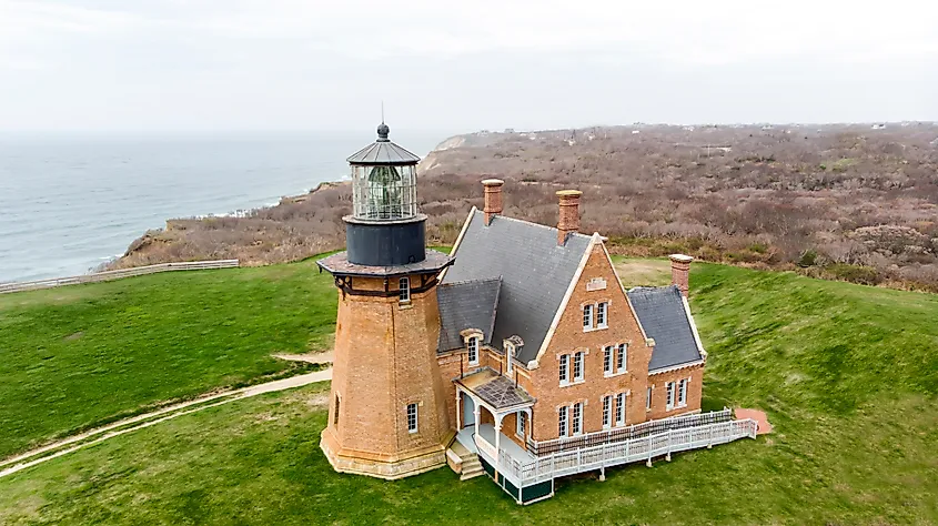 Brick lightnouse on a cloudy day on Block Island, Rhode Island.