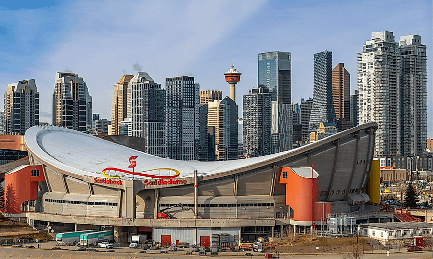 Downtown with Scotiabank Saddledome in the foreground.