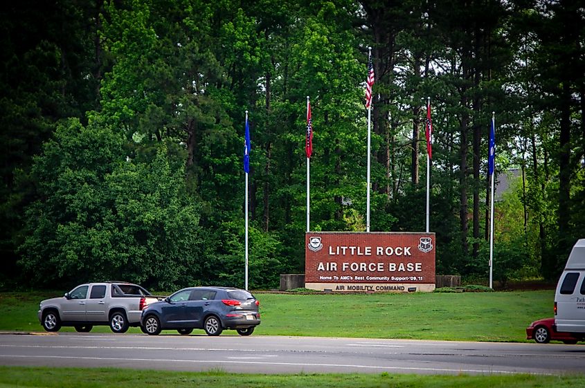 Commuters entering the gate at Little Rock Air Force Base in Jacksonville, Arkansas.