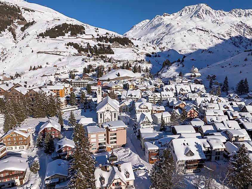 Aerial view of Andermatt in Switzerland in winter.