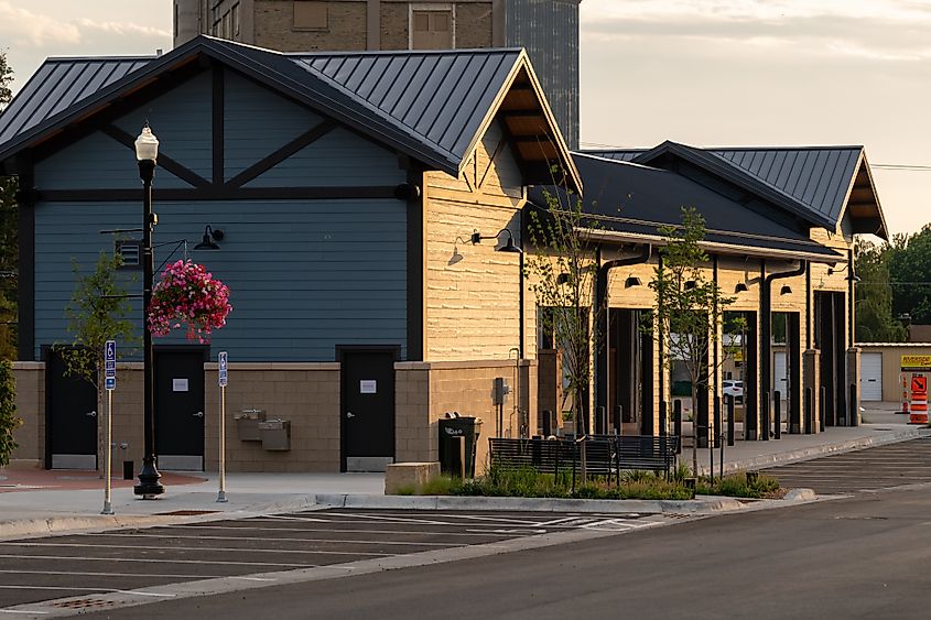 New Farmers Market building at dusk in Fergus Falls, Minnesota