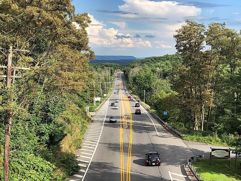 Pennsylvania State Route 611 (Pocono Boulevard) from the overpass for the rail line just south of Fork Street in Mount Pocono, Monroe County, Pennsylvania