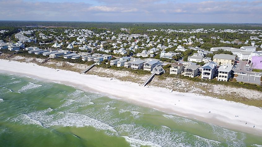 Aerial view of homes along the coast in Seaside, Florida.