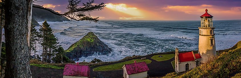 Sunset at Heceta Head Lighthouse near Florence, Oregon.