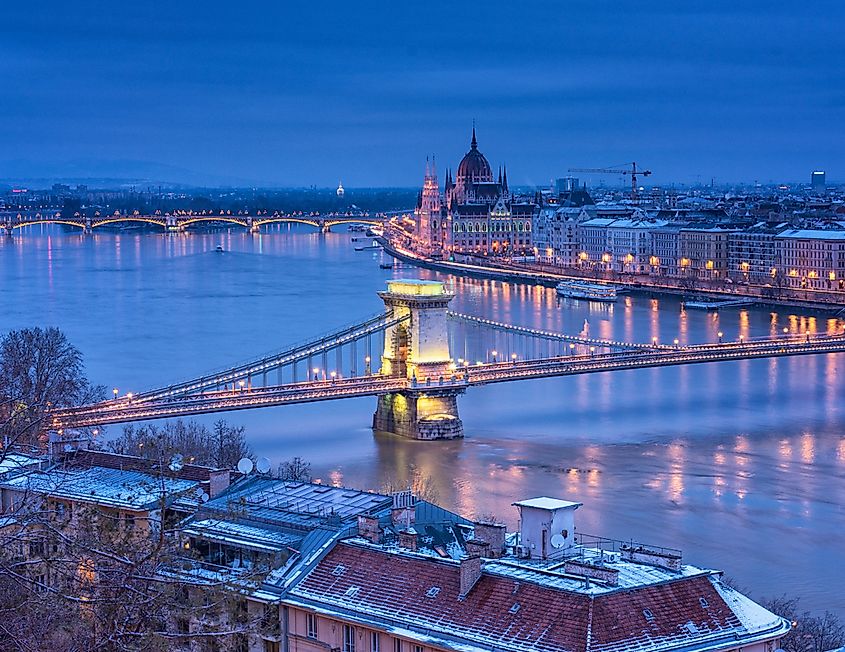 The city of Budapest is separated by the River Danube.