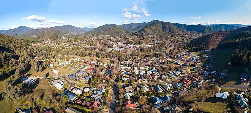 Aerial view of Bright, Victoria, Australia.