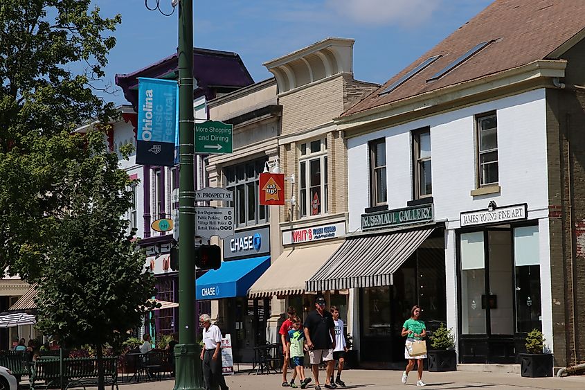 Patrons shopping and dining in downtown Granville, Ohio.