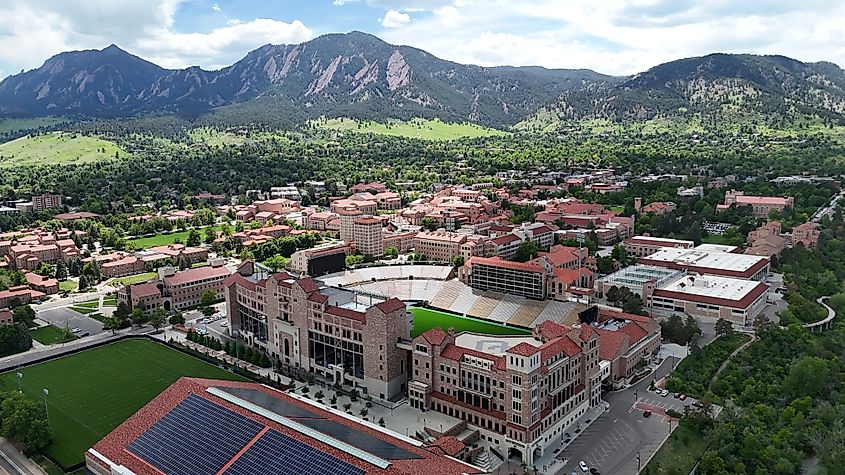 Aerial drone view of Folsom Field at the University of Colorado in Boulder.