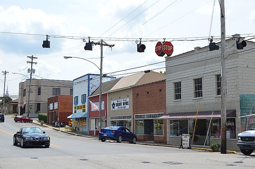 Western side of Main Street (Kentucky Route 163) seen looking south from the Stockton Street (U.S. Route 68/Kentucky Route 80) intersection in Edmonton, Kentucky, United States.