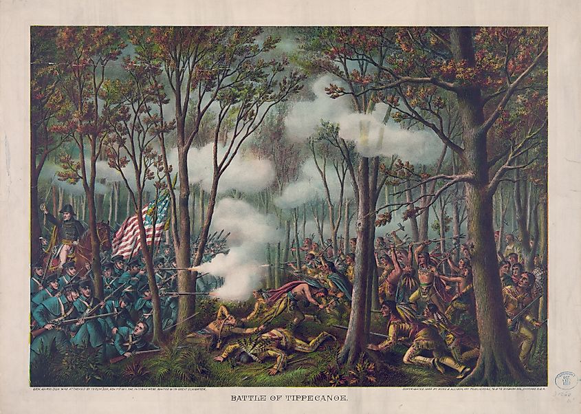 Title: Battle of Tippecanoe Abstract: Print shows American troops under the leadership of General William Henry Harrison fighting the Indian forces of The Prophet, Tenskwatawa (the brother of Tecumseh) in a forest. Tenskwatawa was part of Tecumseh's Indian confederation. Physical description: 1 print : chromolithograph ; 55.2 x 71.7 cm (sheet) Notes: Caption: Gen. Harrison was attacked by Tecum'seh Nov. 7, 1811. The Indians were routed with great slaughter.; Copyright 1889 by Kurtz & Allison.; Title from item.