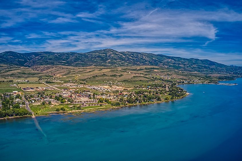 Aerial View of Garden City, Utah, on the shore of Bear Lake.