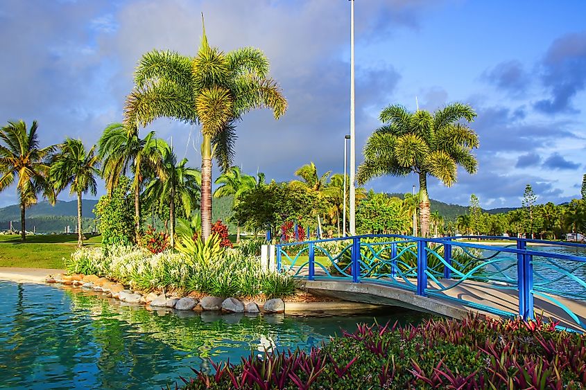 A bridge at Airlie Beach Lagoon, Queensland, facing the Whitsunday Islands.