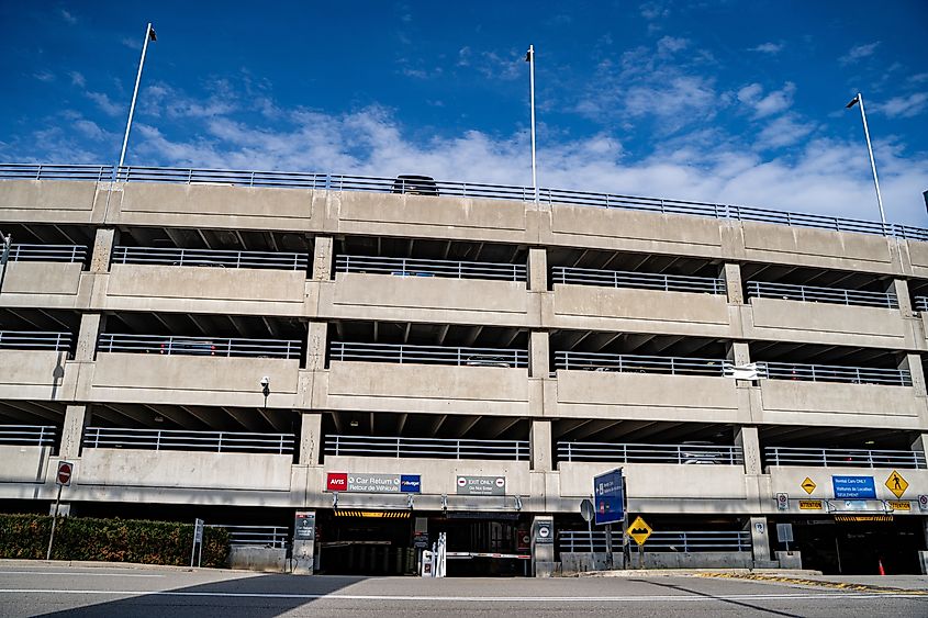 View of multi level parking garage at Toronto Pearson International Airport, Toronto, Canada.