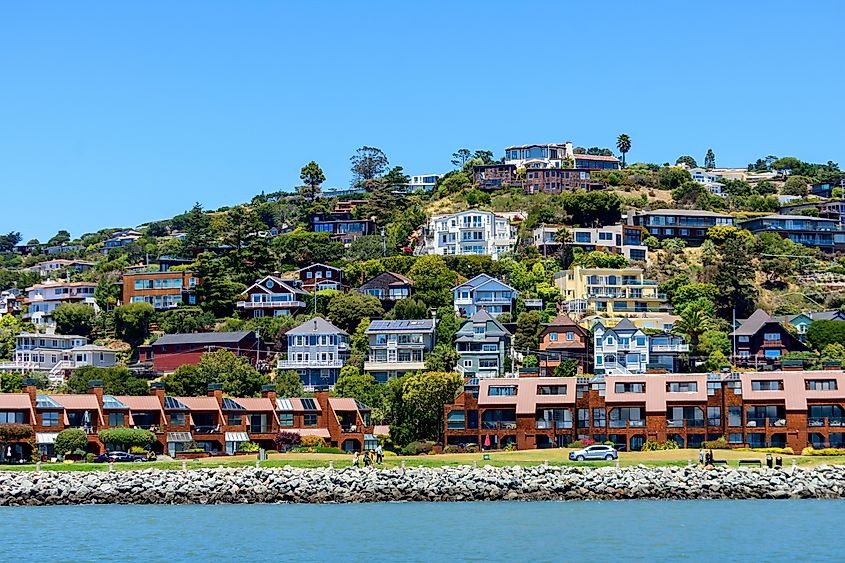 Scenic view of an upscale residential waterfront neighborhood in Tiburon from Raccoon Strait in San Francisco Bay, California.