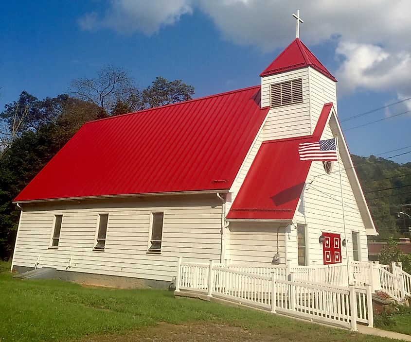 The bright red roof of St. Peter’s Episcopal Church, Lonaconing, Maryland.