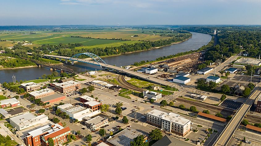 Aerial view over the downtown city center of Atchison, Kansas, mid-morning.