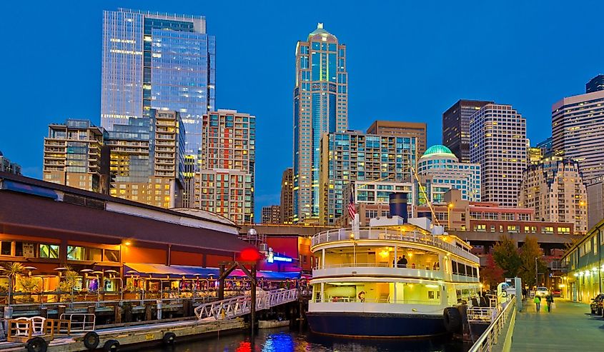 Night view of cruise pier at Seattle, Washington.