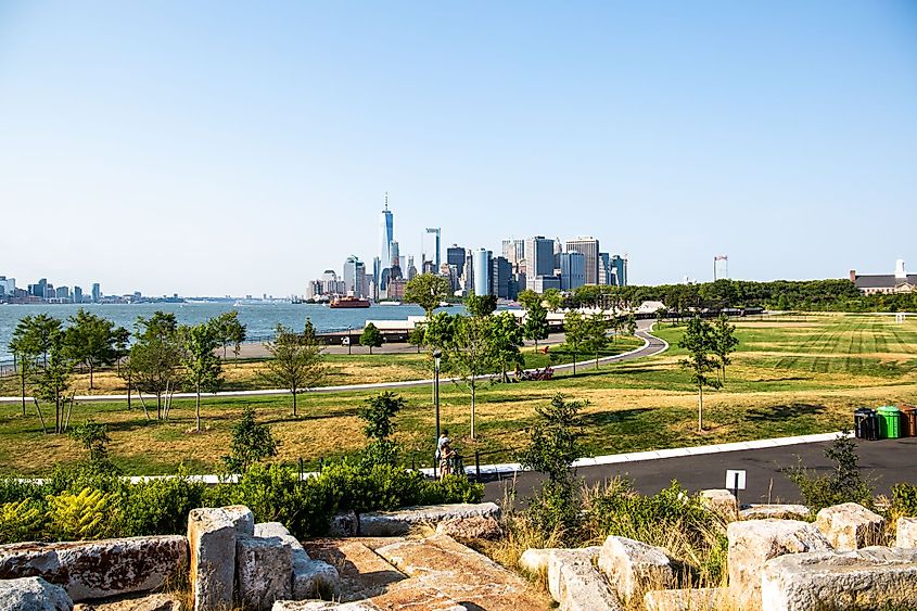 Lower Manhattan skyline view from Outlook Hill on Governors Island.