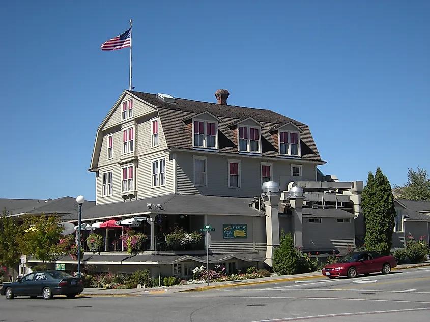Campbell's, a hotel, bar and restaurant in downtown Chelan, Washington, on Woodin Avenue.