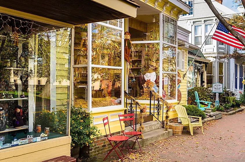 Traditional store decorated for Halloween on Talbot Street in St. Michaels, MD. The town is known for its picturesque harbor on Maryland's Eastern Shore.