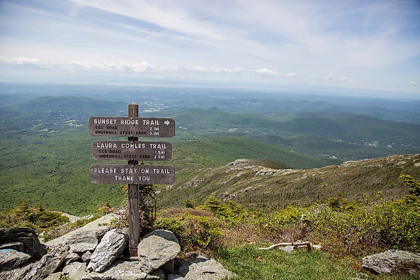Signs for trails on Mount Mansfield, Vermont.